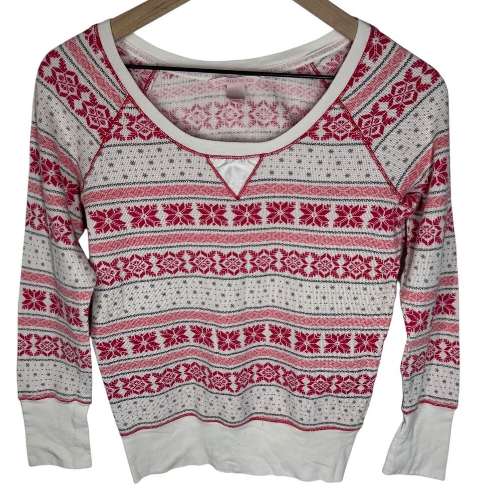 Victoria’s Secret Fair Isle Thermal Top Women’s Small Pink White Long Sleeve